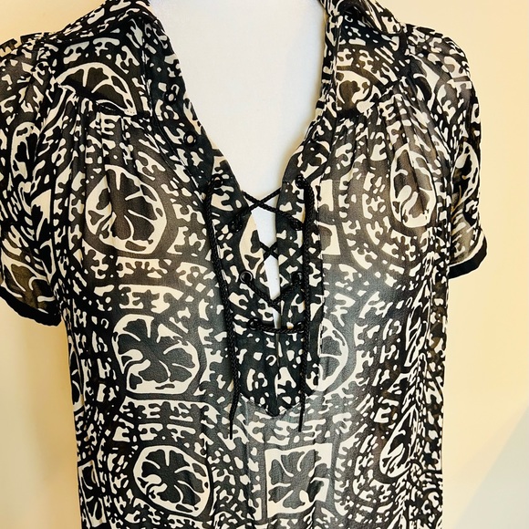 ANNA SUI Black Red Sheer Silk Border Print Lace Up Dress w Flounce. Size XS - Picture 3 of 10